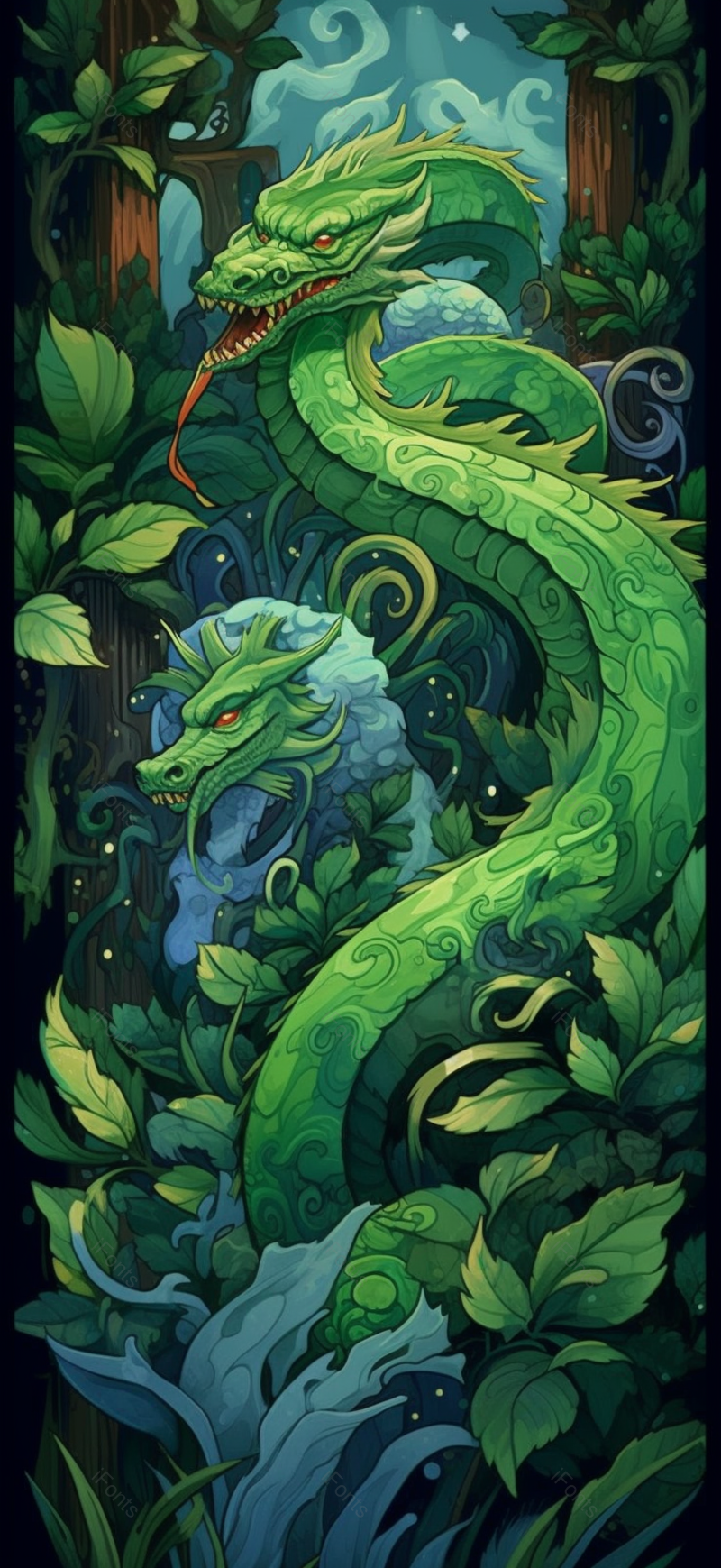 两条绿龙缠绕在丛林中手绘插画,插画/手绘图,插画/手绘图库,插画/手绘图下载,插画/手绘